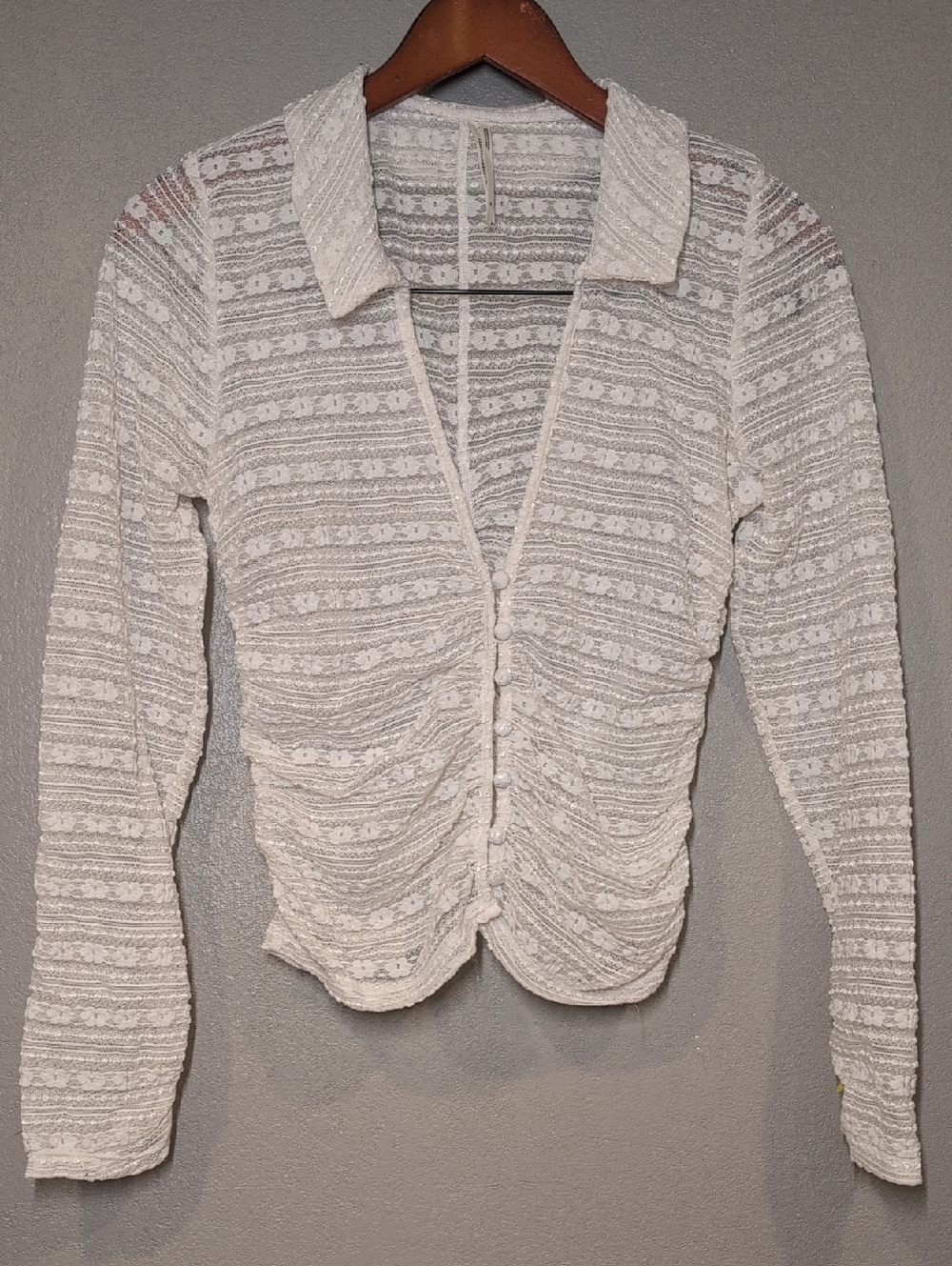 Whimsical Anthropologie Ivory Lace-Pattern Knit Top Flattering